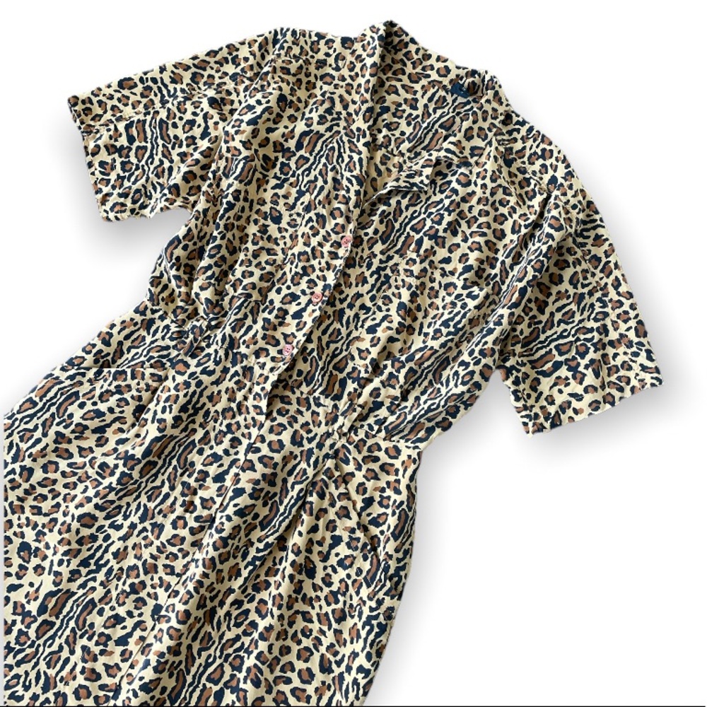 Vintage 80s Silk Animal Leopard Print Button Front Size Medium Shirt Dress